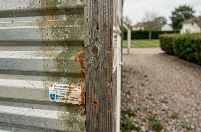 Détail de la structure métallique rouillée et du revêtement dégradé d'un ancien mobil-home soumis aux normes belges
