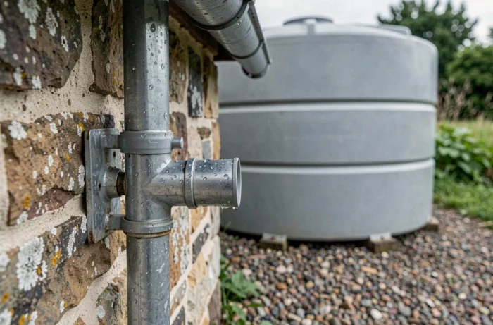 Gros plan sur un système de dérivation et filtre de gouttière reliant la toiture d'un bâtiment agricole à une cuve de stockage d'eau pluviale