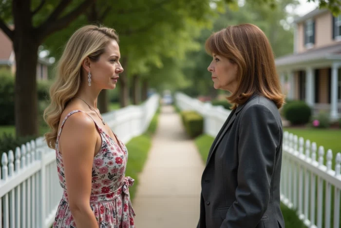 Deux femmes de part et d'autre d'une clôture blanche dans une rue de banlieue, tension narrative symbolisant les conflits de la série Little Fires Everywhere