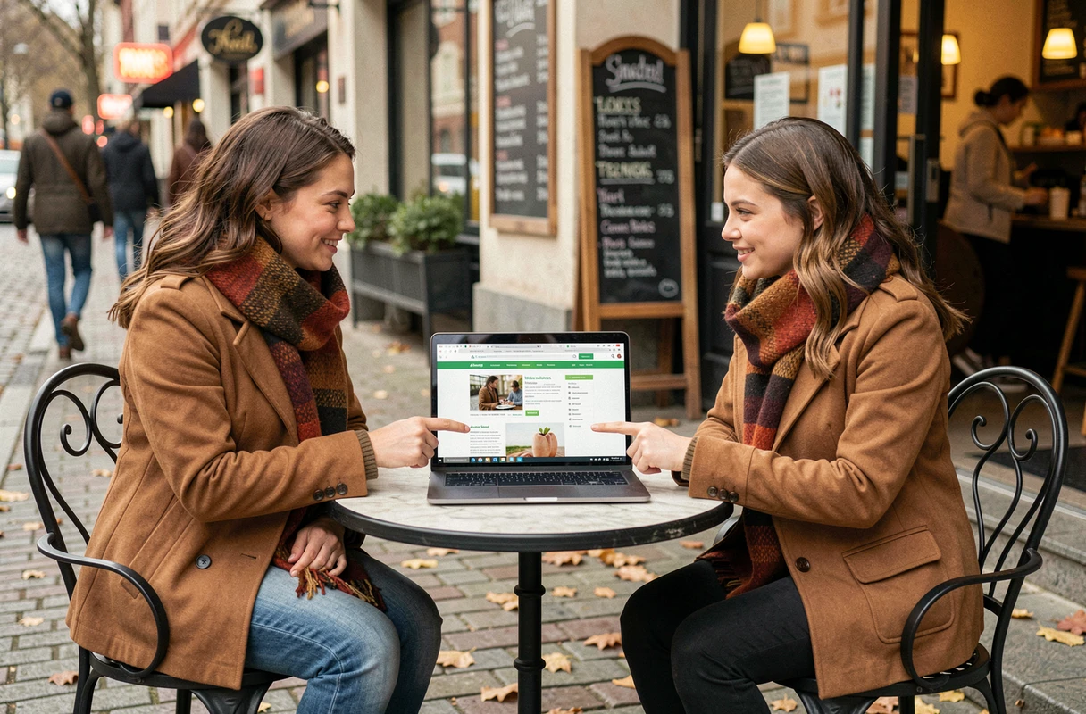 Deux femmes consultant ensemble un site de ressources santé sur un ordinateur portable en terrasse de café en automne