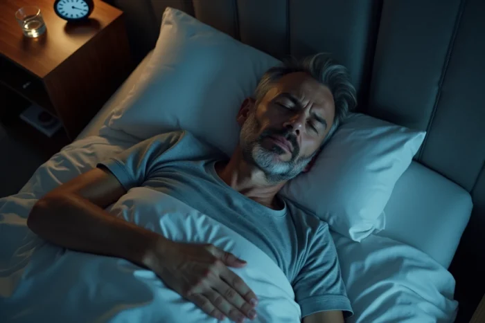 Homme adulte allongé dans son lit la nuit, en sueur, avec un lecteur de glycémie sur la table de chevet, illustrant les sueurs nocturnes liées au diabète