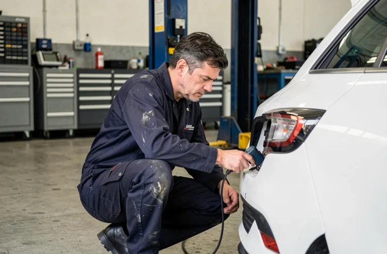 Technicien automobile diagnostiquant un code défaut DTC038061 sur une Renault avec un scanner OBD-II dans un garage professionnel