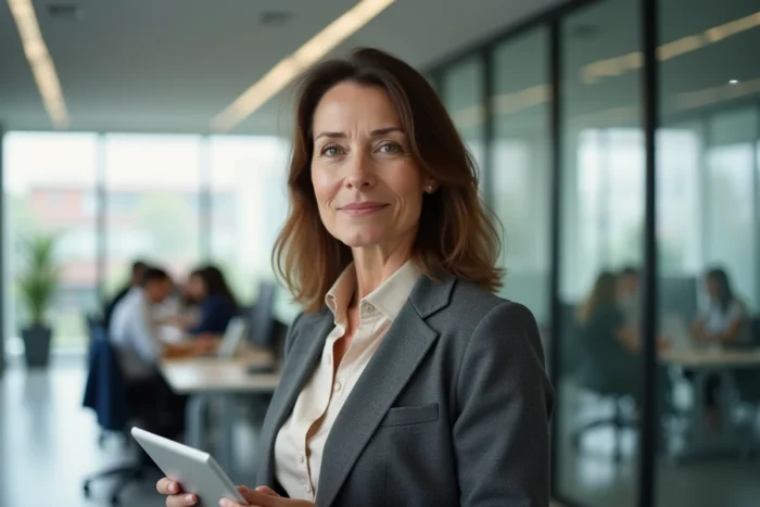 Directrice d'une organisation à but non lucratif debout dans un bureau moderne tenant une tablette lors d'une réunion informelle