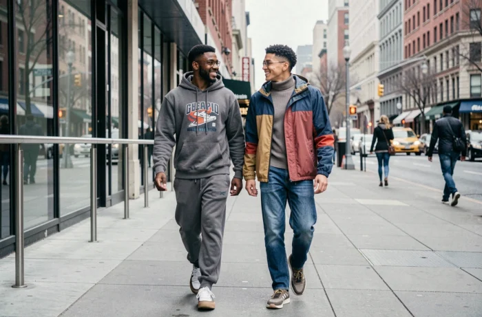 Deux amis en tenues streetwear tendance marchant dans une rue commerçante urbaine aux façades vitrées