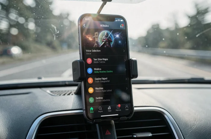 Écran de smartphone affichant le menu de sélection de voix Star Wars dans l'application Waze sur un tableau de bord de voiture en route