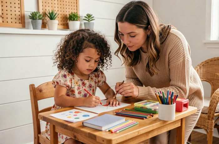 Petite fille faisant une activité créative à son bureau en bois avec l'aide d'une adulte bienveillante