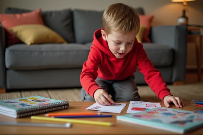 Jeune garçon triant ses fournitures scolaires Leclerc pour la rentrée 2026 dans le salon familial