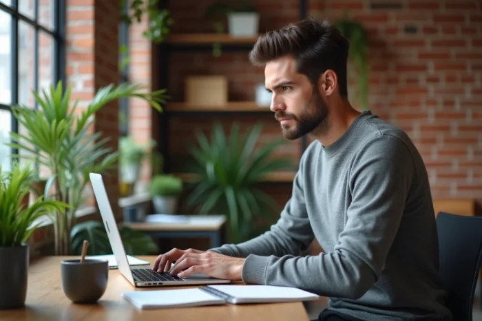 Entrepreneur masculin travaillant sur des analytics business à un bureau debout dans un espace de co-working moderne