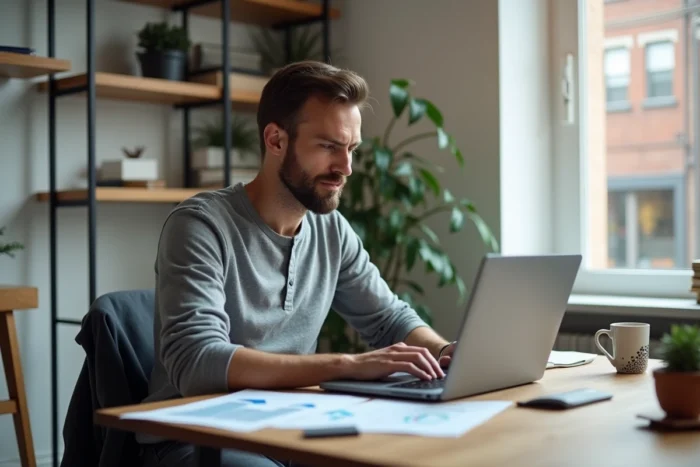 Entrepreneur masculin travaillant sur son modèle économique depuis un bureau à domicile avec des documents financiers