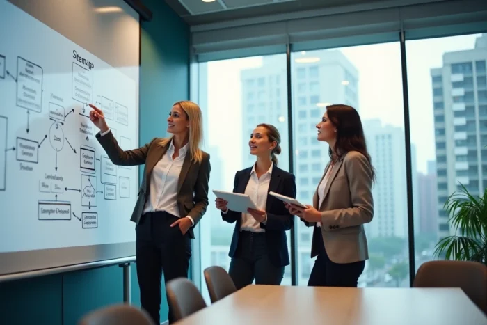 Équipe professionnelle collaborant autour d'un plan de site immobilier dessiné sur tableau blanc en salle de réunion