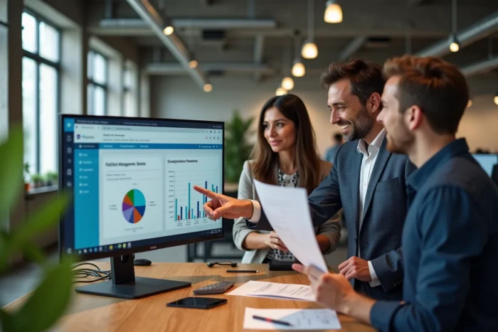 Équipe pluridisciplinaire collaborant autour d'une plateforme de gestion des compétences en open space