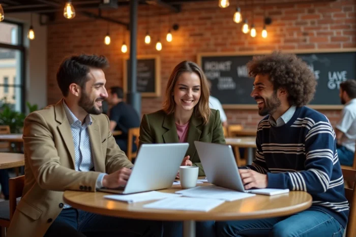 Équipe de jeunes entrepreneurs collaborant autour d'un business canvas dans un espace de coworking dynamique