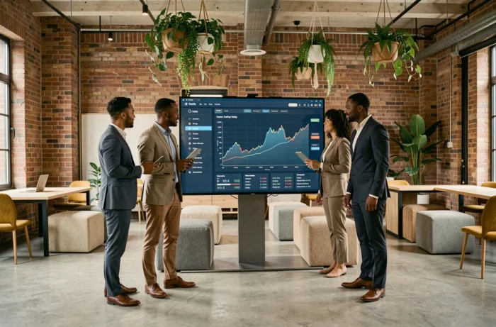 Équipe de professionnels collaborant autour d'un écran interactif avec des données économiques dans un espace de coworking moderne