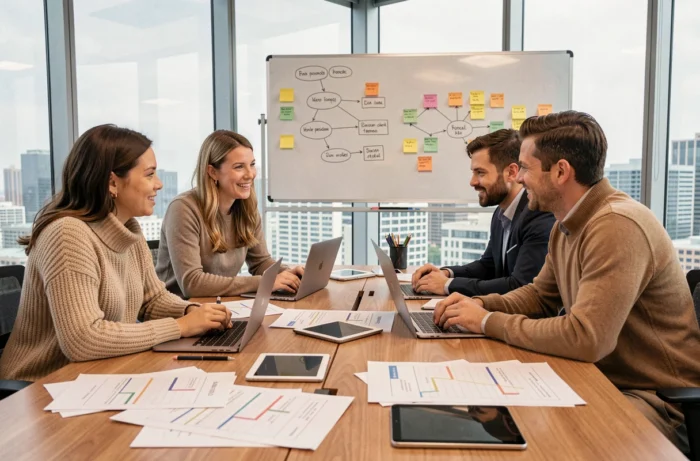 Équipe de professionnels collaborant autour d'une table de réunion avec des outils de gestion de projets numériques et des roadmaps imprimées