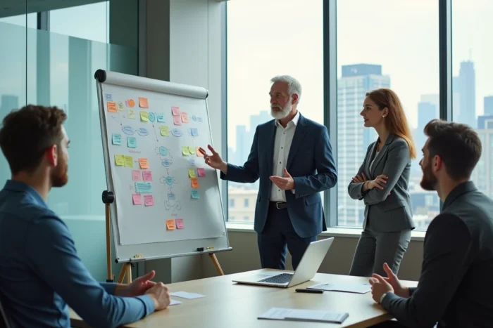 Équipe de professionnels en réunion de stratégie business autour d'un tableau blanc avec des graphiques et des objectifs de performance