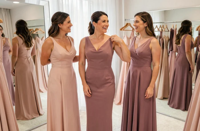 Trois femmes essayant des robes de demoiselle d'honneur dans une boutique de mariage, dont une femme mariée portant une alliance, reflétées dans un miroir