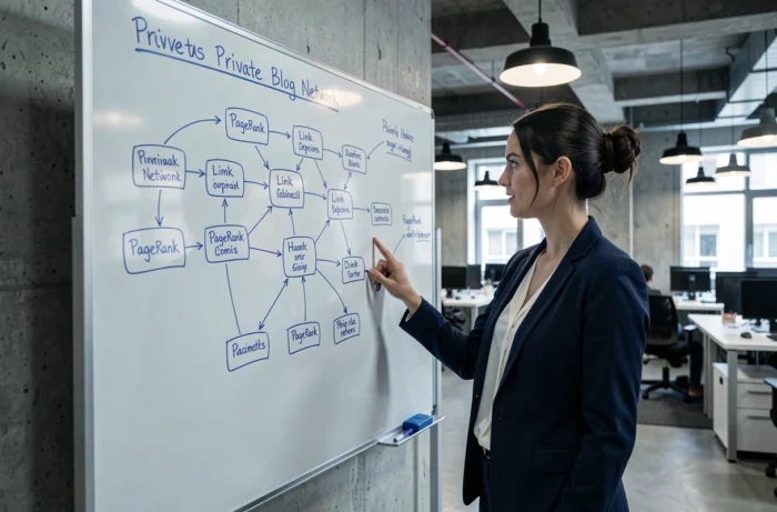 Experte en référencement naturel présentant la structure d'un réseau de blogs privés sur un tableau blanc dans un bureau de startup