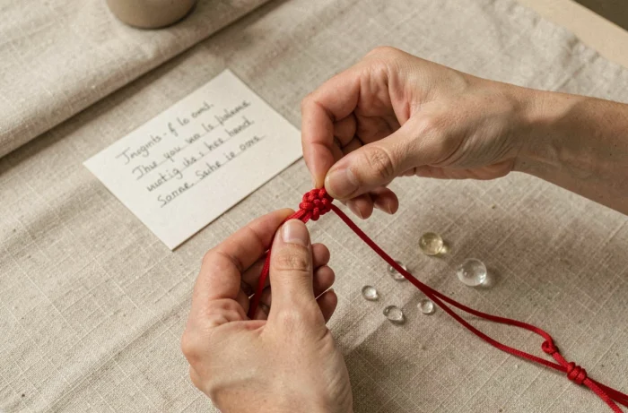 Mains en train de fabriquer un bracelet rouge à 7 nœuds avec du fil rouge et une fiche d'instructions artisanale