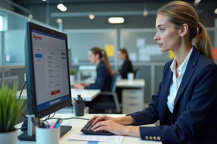 Professionnelle en entreprise consultant un portail de facturation Carrefour en ligne sur ordinateur de bureau