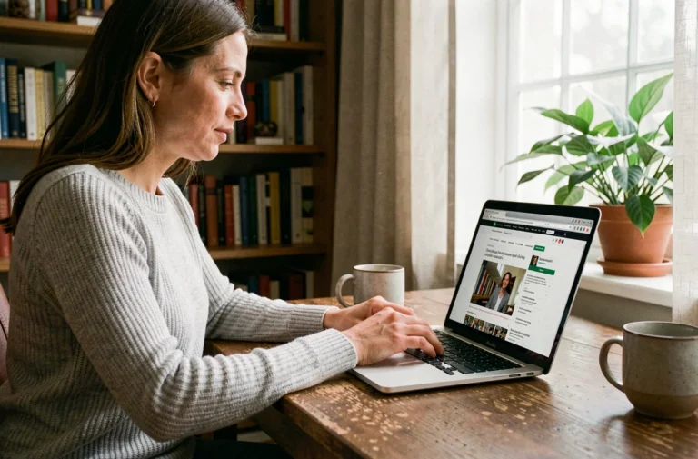 Femme consultant des actualités fiables sur un ordinateur portable dans un bureau à domicile chaleureux