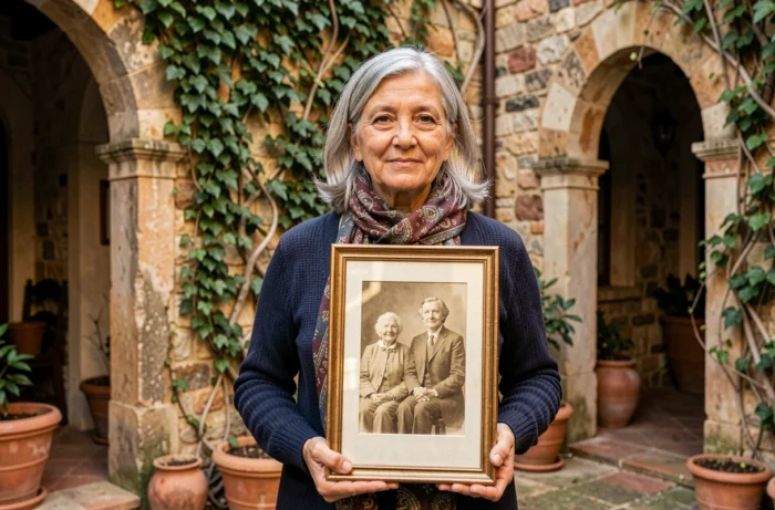 Femme âgée tenant un portrait ancestral encadré devant une maison en pierre, symbolisant les racines familiales et le patrimoine culturel