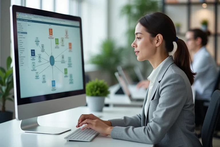 Femme professionnelle analysant un plan de site immobilier sur un écran d'ordinateur dans un bureau moderne