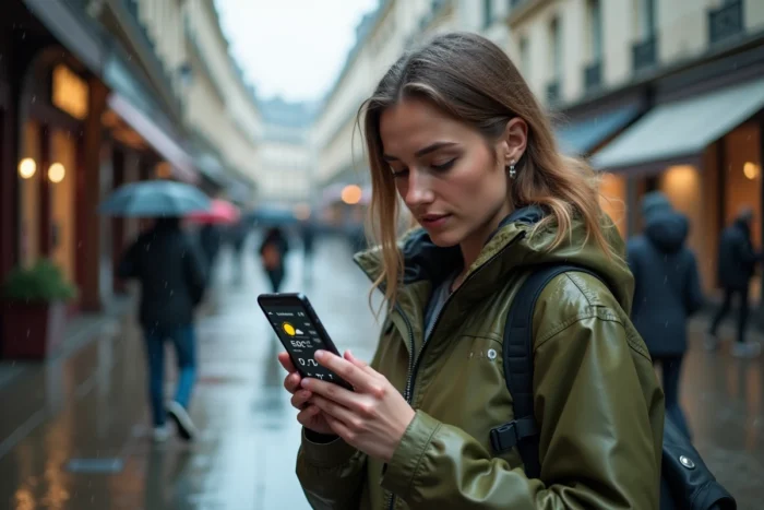Jeune femme vérifiant une application météo sur smartphone sous la pluie dans une rue parisienne