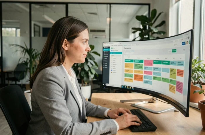 Professionnelle utilisant une plateforme de gestion de projets centralisée sur grand écran dans un bureau moderne en 2026