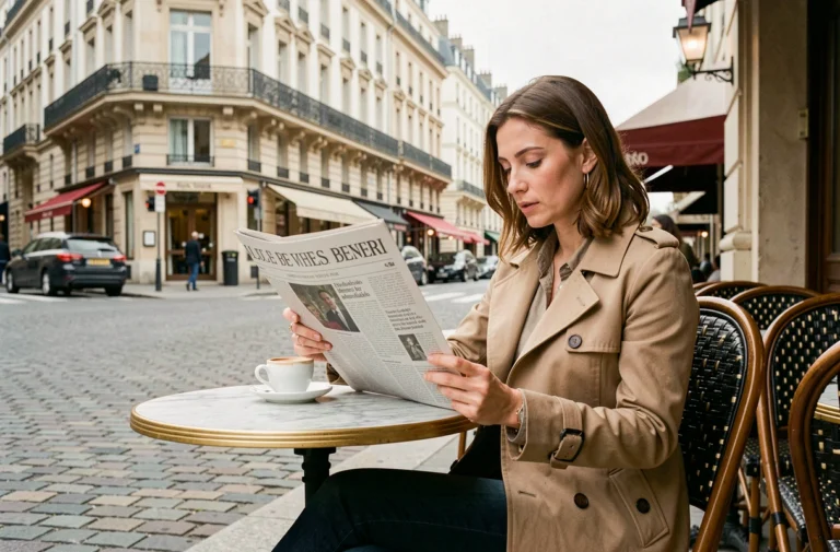 Femme française lisant un journal à la terrasse d'un café parisien, tendances et actualité française
