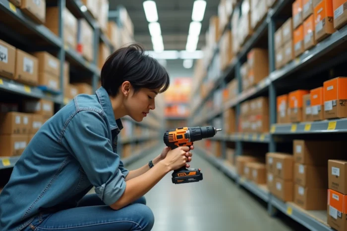 Femme choisissant une perceuse électrique dans le rayon outillage d'une grande surface de bricolage