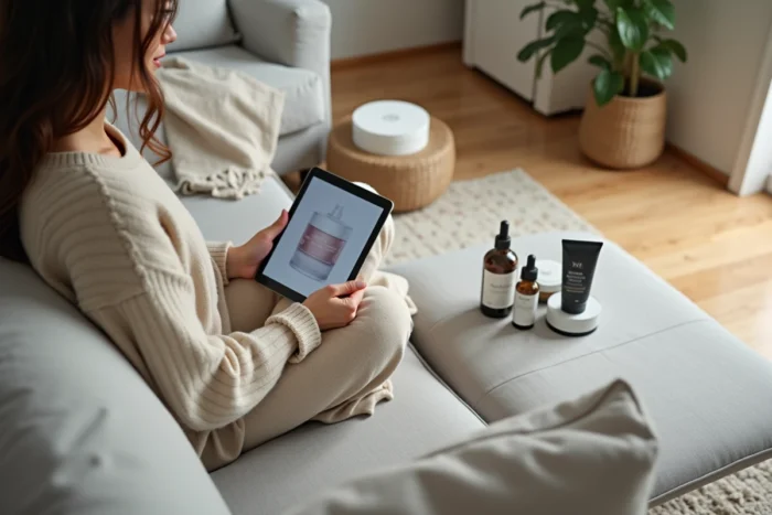 Jeune femme consultant une application beauté sur tablette avec des produits Luvly disposés sur une table basse, évaluant le prix de l'abonnement