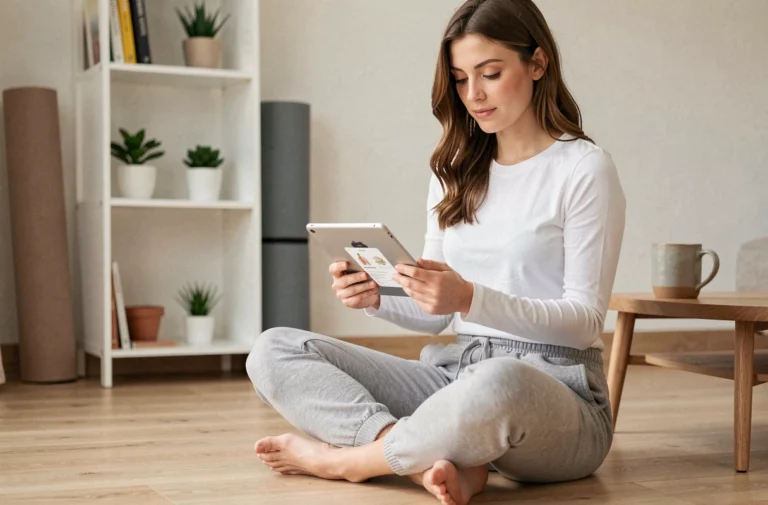 Femme en tenue décontractée consultant des ressources de santé et bien-être sur une tablette dans un salon minimaliste