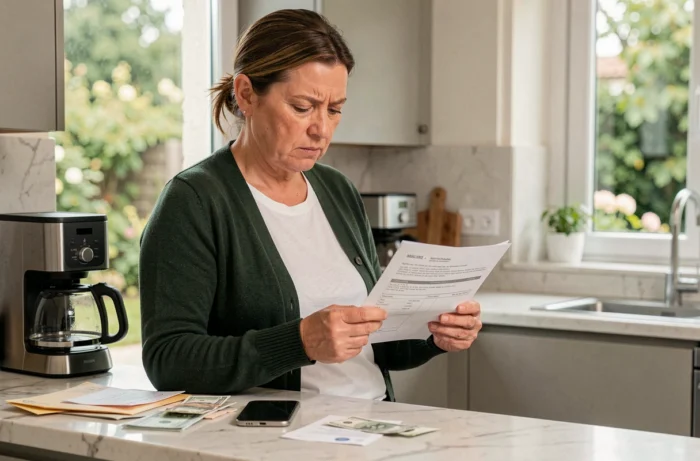 Femme dans sa cuisine lisant un avis d'imposition tout en téléphonant au service des impôts en mode haut-parleur