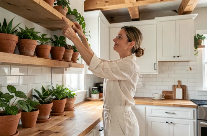 Femme arrangeant des plantes et objets décoratifs sur des étagères ouvertes dans une cuisine de style maison de campagne moderne