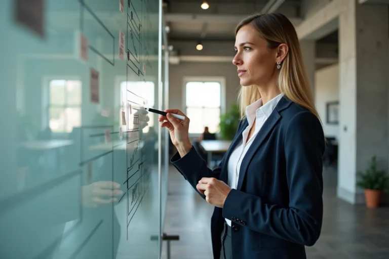 Femme entrepreneur en blazer marine analysant un plan d'affaires sur un tableau en verre dans un bureau moderne