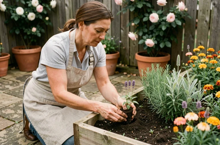 Femme jardinant dans un potager surélevé en bois entouré de plantes aromatiques et de fleurs colorées sur une terrasse en pierre