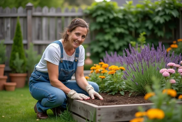 Femme jardinière plantant des fleurs dans un parterre surélevé dans un jardin fleuri printanier