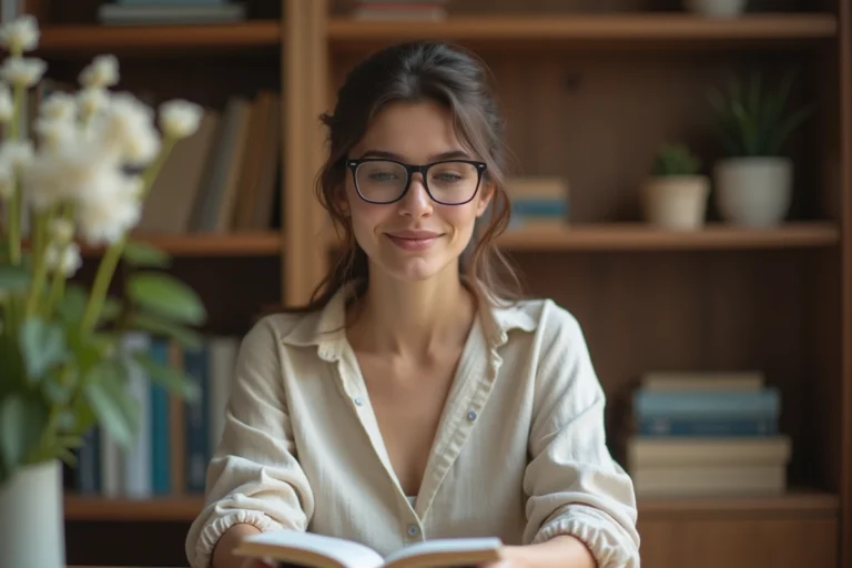 Femme portant des lunettes de correction 0.75 en train de lire dans un bureau à domicile chaleureux