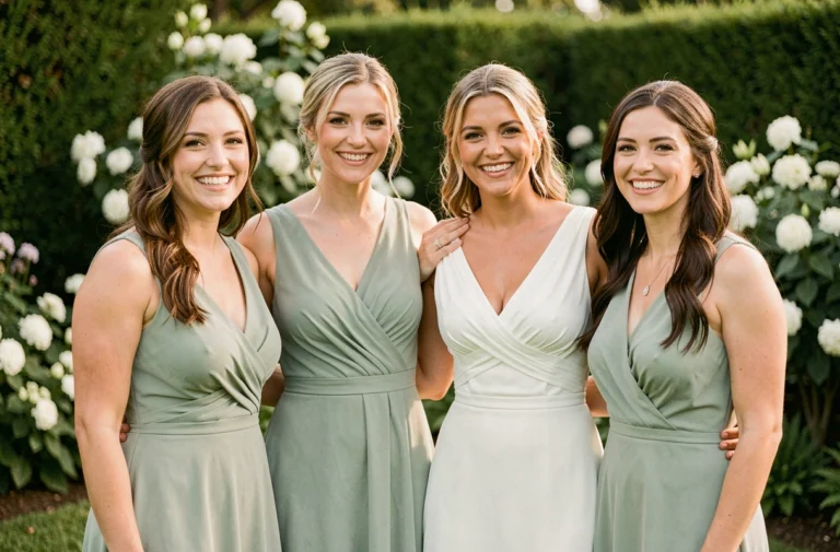 Groupe de demoiselles d'honneur dont une femme mariée portant une alliance, posant avec la mariée dans un jardin fleuri lors d'une cérémonie de mariage