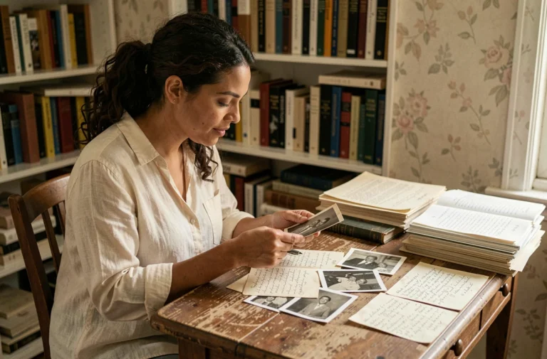 Femme aux racines mixtes consultant de vieilles photographies de famille et des lettres manuscrites sur une table en bois, exploration des origines familiales