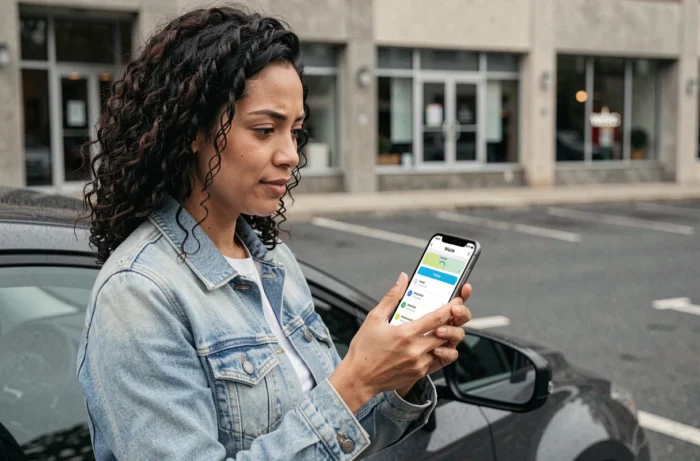 Femme consultant les paramètres de voix Waze sur son téléphone pour activer la voix Star Wars