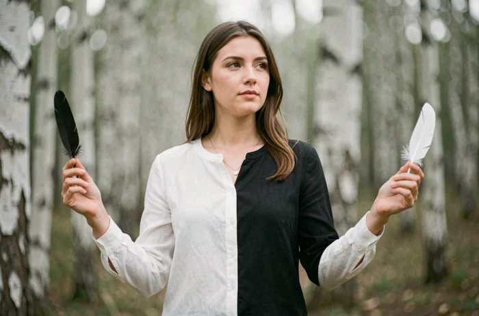 Femme tenant une plume blanche et une plume noire dans la forêt, symbolisant l'harmonie entre les opposés