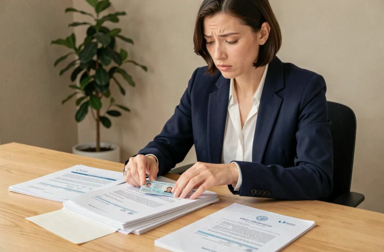 Femme préparant ses documents administratifs pour une inscription à Pôle emploi, assise à un bureau avec CV, pièce d'identité et bulletins de salaire