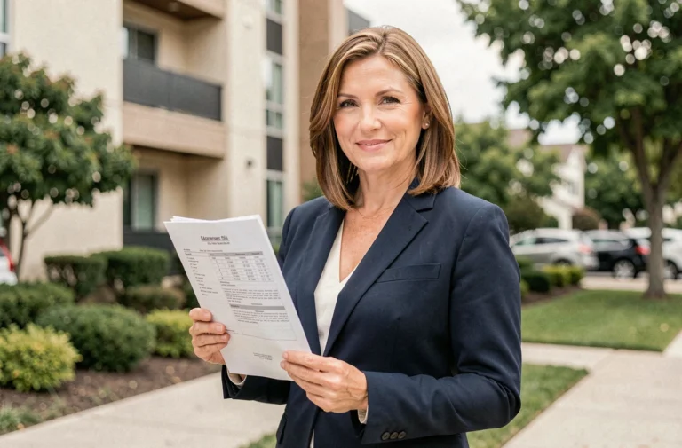 Femme professionnelle tenant des documents immobiliers devant un immeuble résidentiel moderne