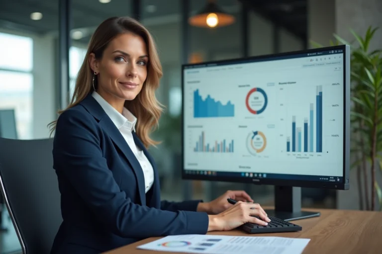 Femme professionnelle analysant des graphiques de performance business sur un écran dans un bureau moderne en 2024
