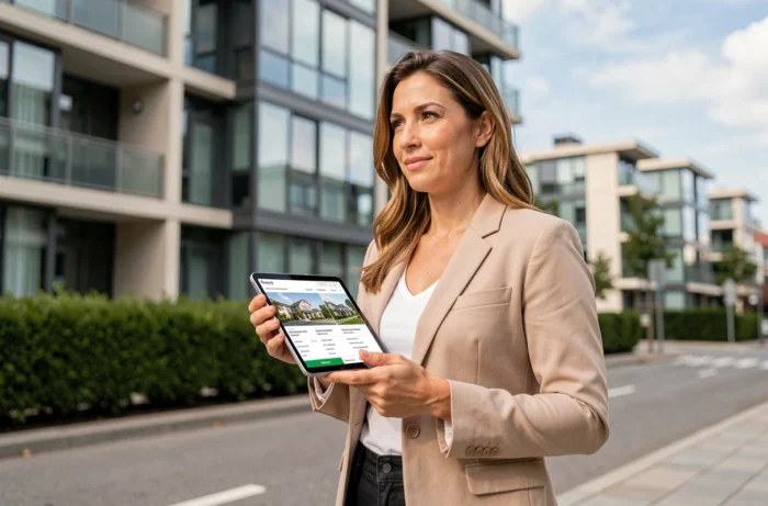 Femme professionnelle consultant des offres immobilières sur tablette devant un immeuble moderne