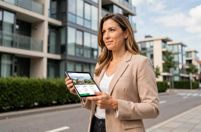 Femme professionnelle consultant des offres immobilières sur tablette devant un immeuble moderne