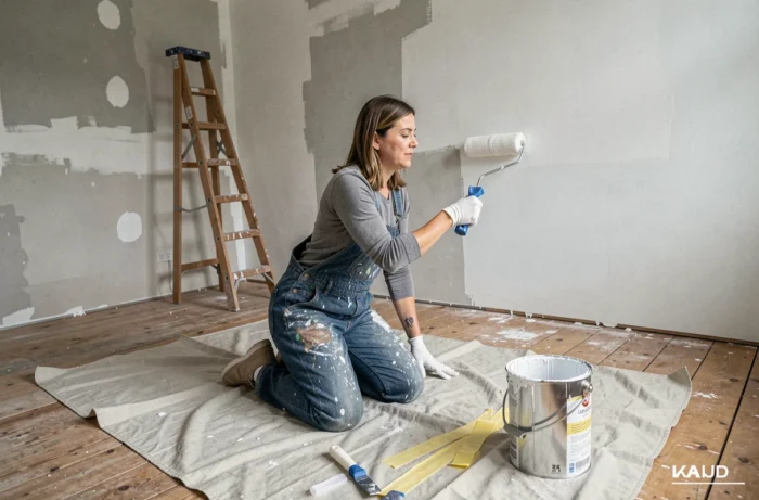 Femme peignant un mur en blanc lors de travaux de rénovation intérieure dans un salon