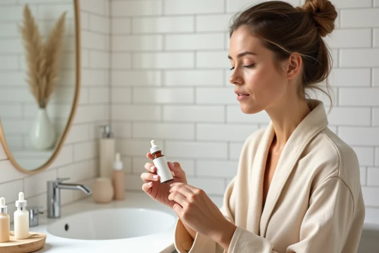 Femme appliquant un sérum beauté devant un miroir dans une salle de bain épurée, illustrant le rapport qualité-prix de la solution Luvly