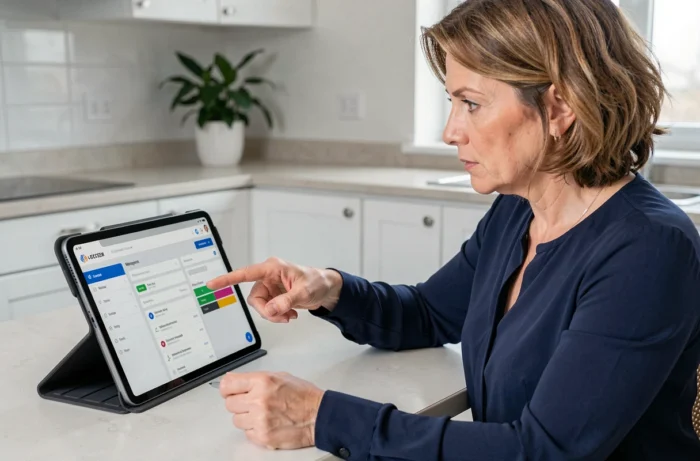 Femme utilisant une tablette pour gérer et résilier un abonnement Digital Global Pass via l'espace client Bouygues